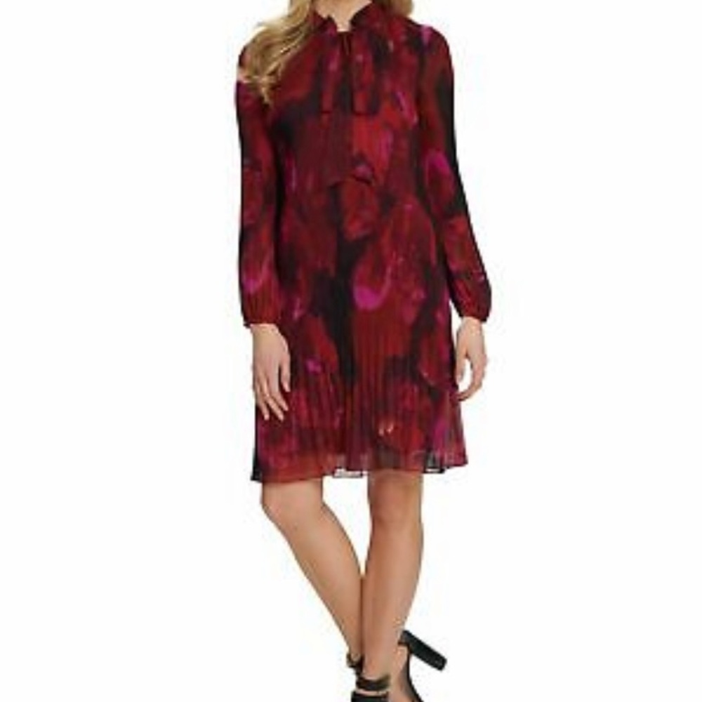 DKNY Womens Red Pleated Long Sleeve Tie Neck Mini Evening Dress